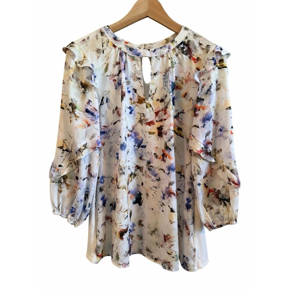 Dolan Women Cream Multicolor Floral Front 3/4 Slv Ruffle Trim Top Sz S Cottage